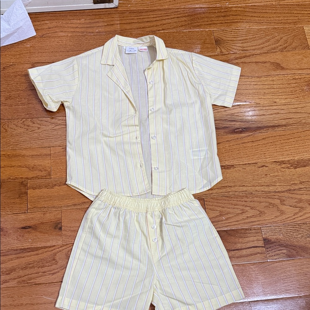 Zara Light Yellow Striped Kids Pajama Set